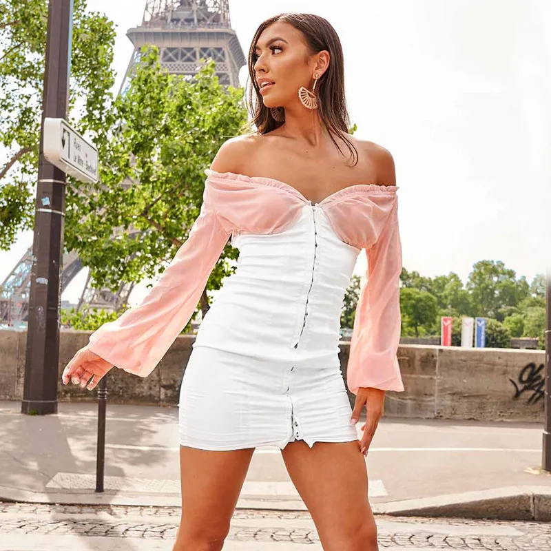 Cryptographic Fashion Women's Bodycon Dresses Patchwork V-neck Lantern Sleeve Mini Dress Off Shoulder Bodycon Party Dresses