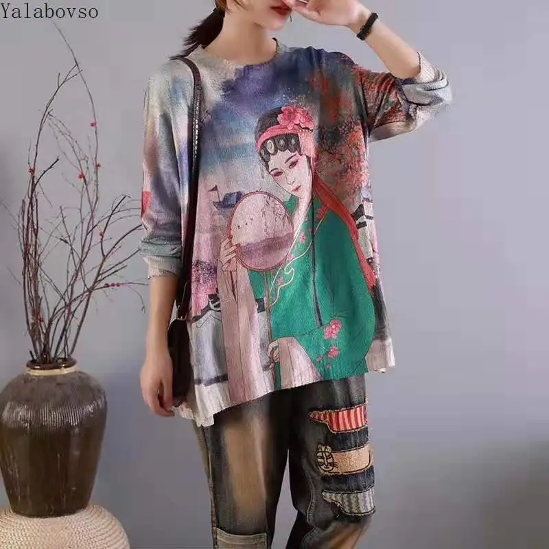 

Cartoon Printing vintage knitted cotton blouse 2019 autumn loose shoulder long sleeve thin sweater shirts for woman A0B2Z40