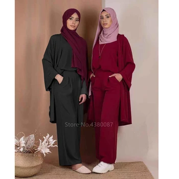 

Three-piece Abaya Turkish Kimono Tops Pants Muslim Dress Abayas Hijab Robe Dubai Caftan Kaftan Islamic Clothing for Women Party