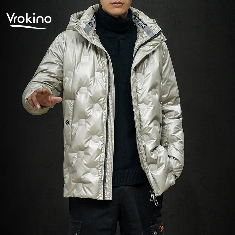 

Fashion High-end 2019 Youth Winter Large Size Bright Face Down Jacket Men's Hooded Bright Leather Thick Warm White Duck Down