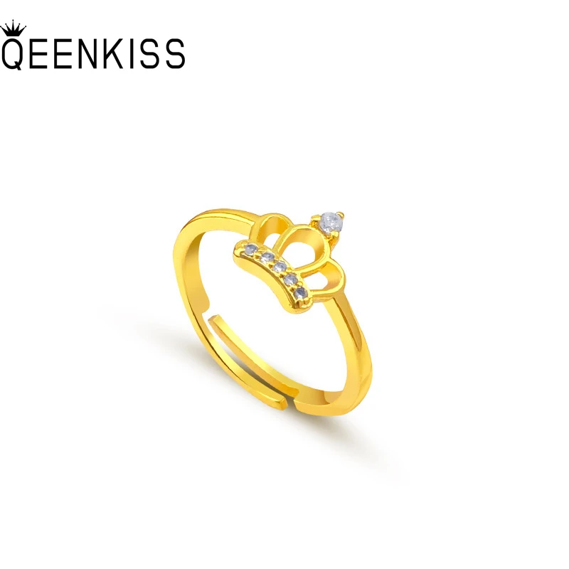 

QEENKISS 24KT Gold Crown Ring For Women Adjustable Zircon Ring Fine Wholesale Jewelry Wedding Party Bride Ladies Girl Gift RG518