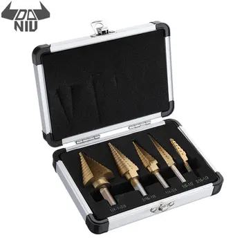 

DANIU 5Pcs Titanium Plating 1/8-1-3/8 Inch Step Drill Bit Set Triangle Shank Hole Puncher Durable for Metal Wood Working Steel