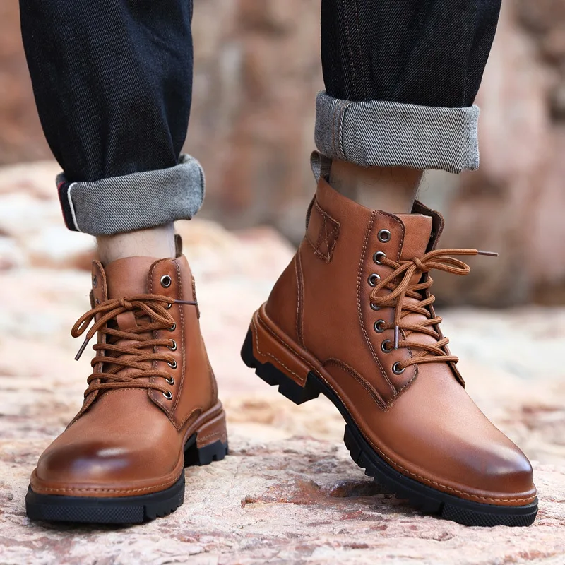 

British style mens fashion desert boots tide genuine leather tooling shoes cowboy platform boot handsome ankle botas masculinas