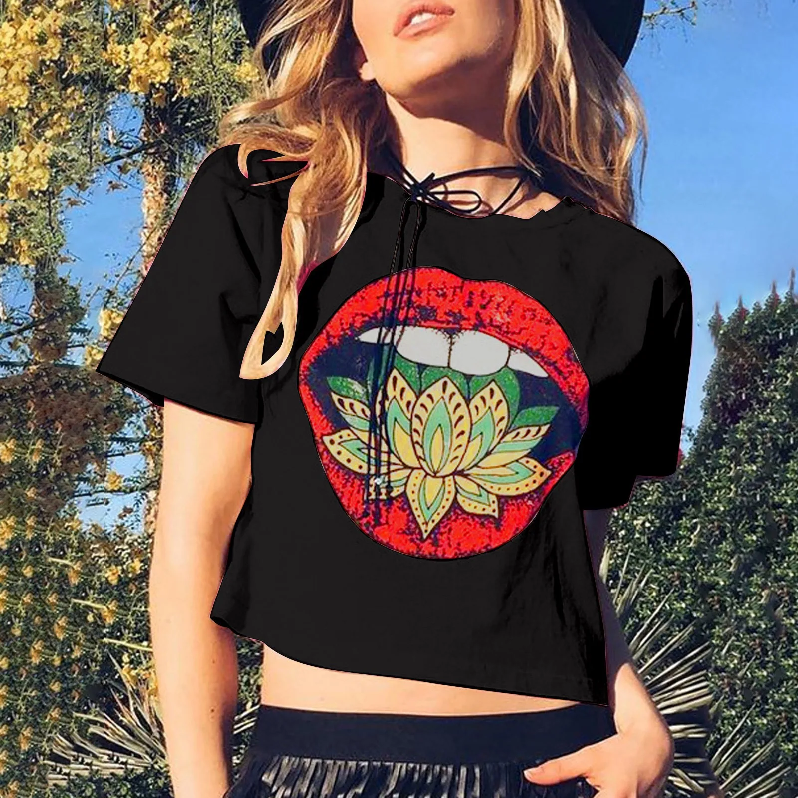 Lip Spit lotus T-Shirt Women Vogue Casual Short Sleeve Tshirts Vintage Creativity Harajuku Tops Women Tee Funy Female T-shirt#g3 2