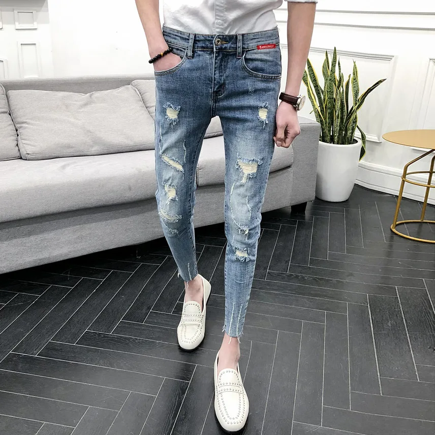 Модные джинсы темно-серые уличные студенческие обтягивающие джинсы hombre стрейч рваные джинсы мужские брюки-карандаш