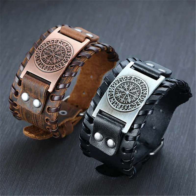 Leather Bracelet Punk Vintage Compass Bangles Nordic Runes Odin Symbol Wrap Viking For Men