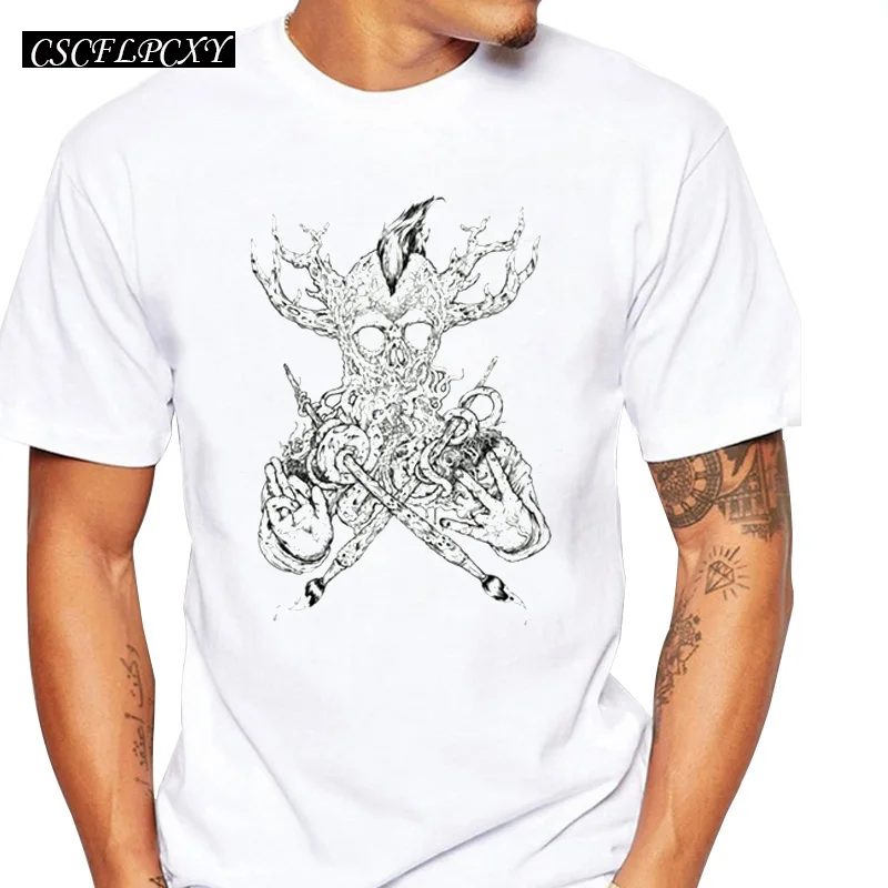 

New fashion creative halloween design men retro skull printed t-shirt male casual simple basic tops hipster punk style cool tee