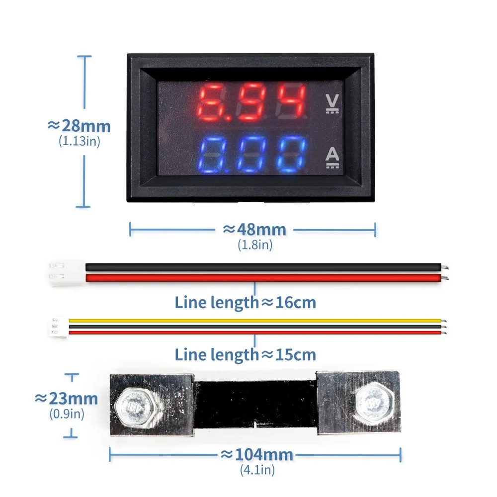 Mini Digital Voltmeter Ammeter DC 100V 10A 50A 100A Panel Amp Volt Voltage Current Meter Tester 0.56" Blue Red Dual LED Display