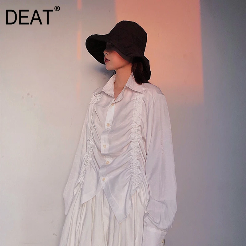 

[DEAT] Women Drawstring Pleated Black White Blouse New Lapel Long Sleeve Loose Fit Shirt Fashion Tide Spring Autumn 2020 13F107