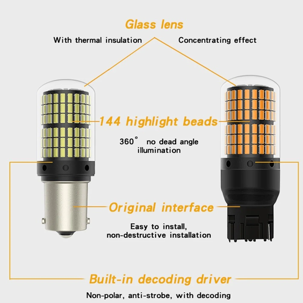 2pc T20 7440 W21W LED Bulbs 3014 144 Smd Led CanBus No Error 1156 BA15S P21W Led Lamp For Turn Signal No Flash Auto Products
