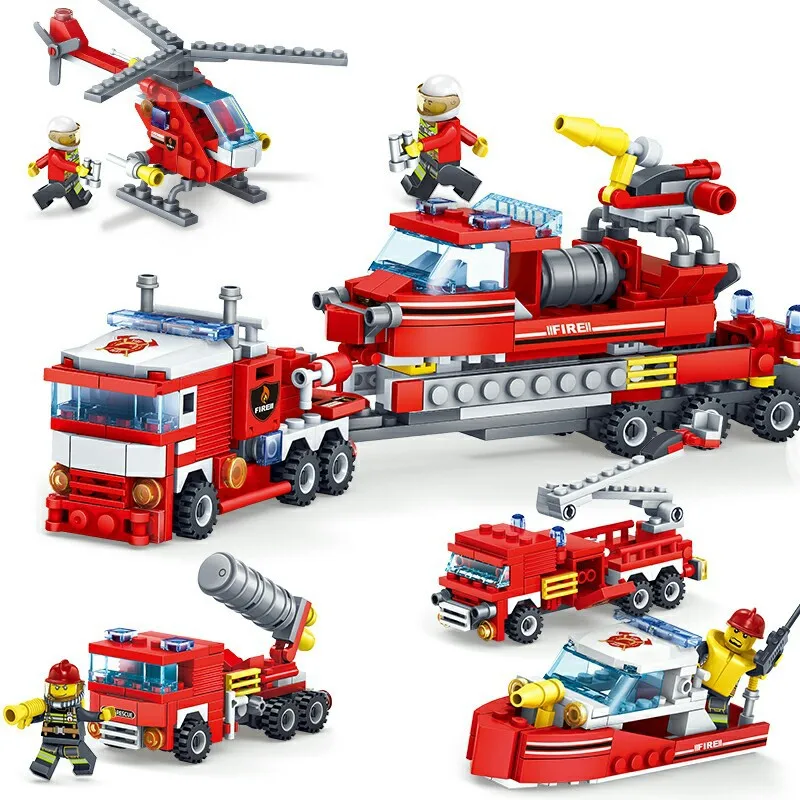 348pcs-Fire-Fighting-4in1-Trucks-Car-Helicopter-Boat-Building-Blocks-Compatible-city-Firefighter-figures-children-Toys (2)