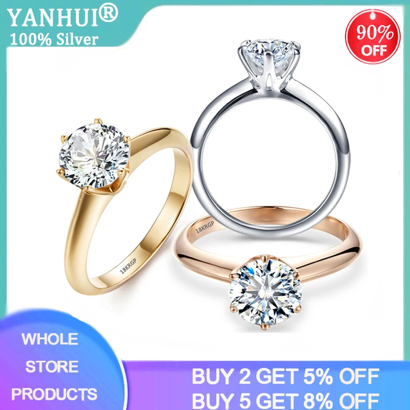 

YANHUI Have 18K RGP Stamp Pure Solid White/Yellow/Rose Gold Ring Solitaire 2.0ct Lab Diamond Engagement Wedding Rings For Women