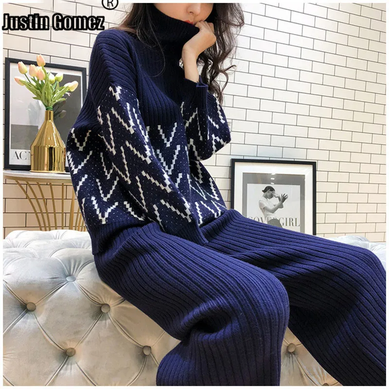 

Knit Wide Leg Pants+Jumpers Top Women Two Piece Outfits Bat Sleeve Turtleneck Matching Sets Long Sleeve Casual Clothing Sets