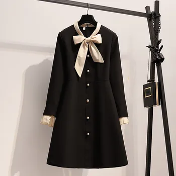 

Elegant Midi Dress Women Plus Size Autumn A-Line Bow Collar Long Sleeve Pearl Buttons Shirt Dress Loose Casual Party Dress A186