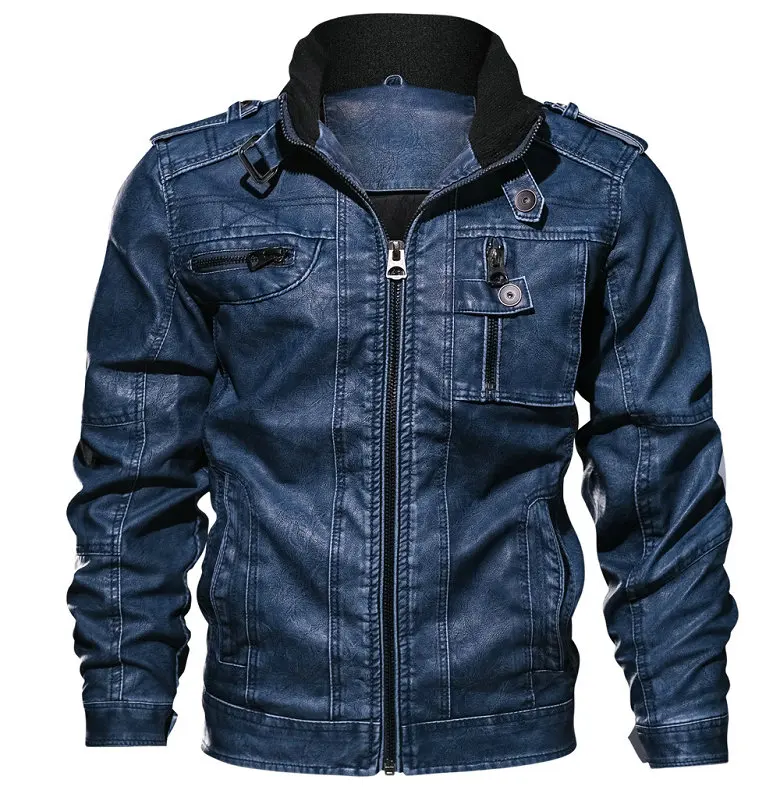 Dark Blue Красивые осенне-зимние мужские Куртки из искусственной кожи, повседневная приталенная ветровка, мотоциклетная верхняя одежда, мужские куртки-бомберы, пальто - Цвет: Dark Blue
