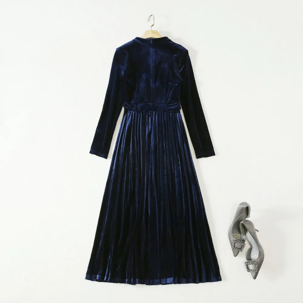 Autumn Runway Designer High End Women Velvet Dress Pure Color Stand Collar Ruffled Long Sleeve Pleated Dress 2 Colors