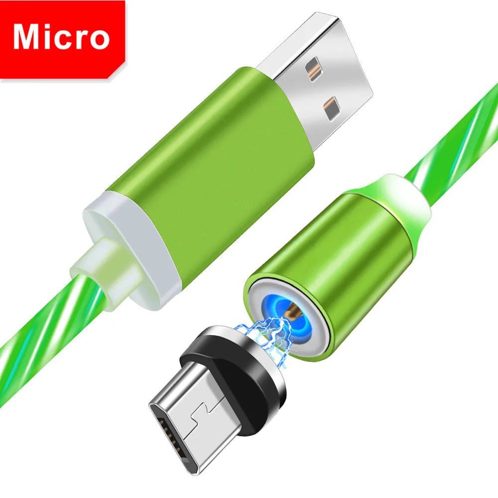 Светодиодный светящийся Магнитный Кабель зарядного устройства микро-usb для samsung huawei Xiaomi Redmi 7 Honor 7a htc LG Q60 alcatel android мобильного телефона - Цвет: Green Cable