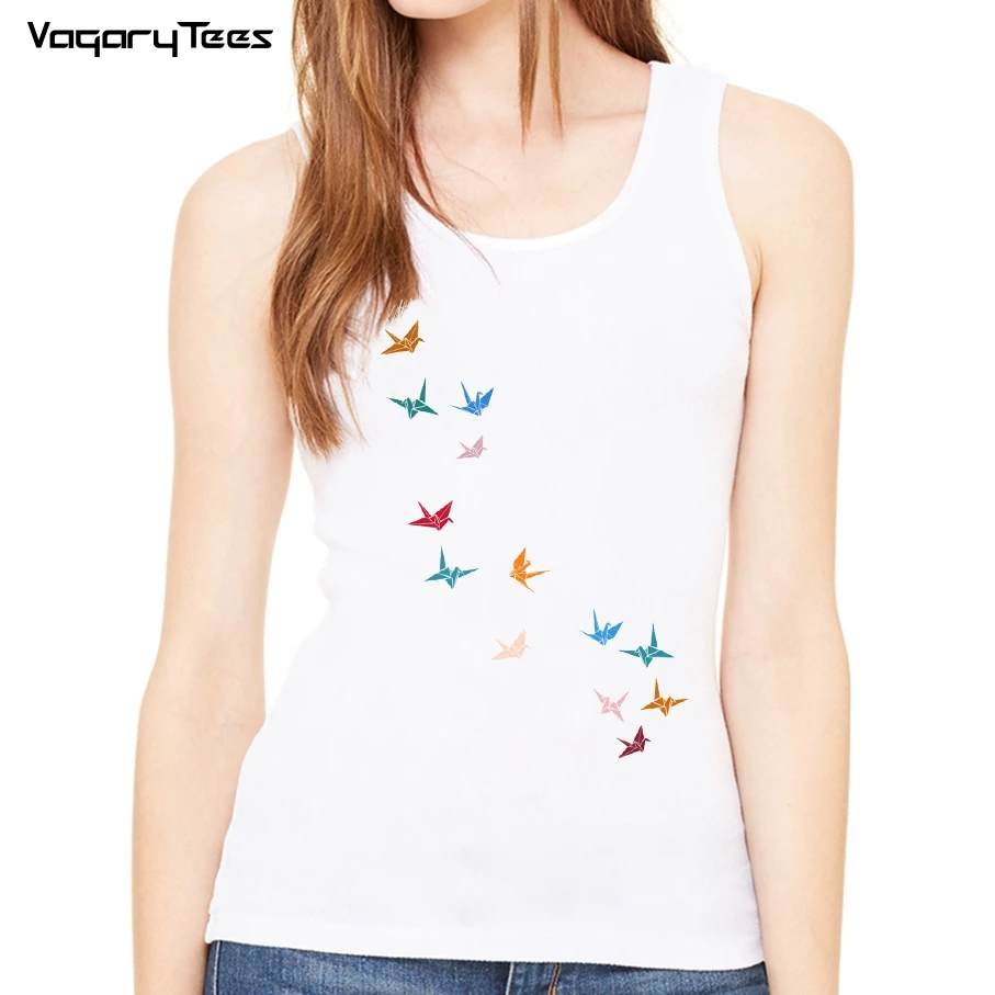 

2022 White Tops Flying Paper Cranes Birds Print Women Casual Tank Top Tee Casual Streetwear Short Tops Femme Tanks Tops