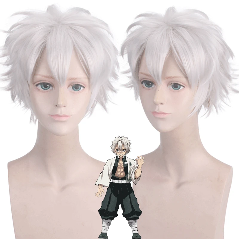 

Anime Kimetsu No Yaiba Shinazugawa Sanemi Cosplay Wig Blade of Demon Slayer Short Gray Silver Heat-resistant Hair Costume Wigs