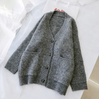 

High Quality Womens Sweaters Winter Long Knitted Cardigan Thick Vintage Loose V-Neck Knitwear Woman Jumper Gray Wool Sweater Hot