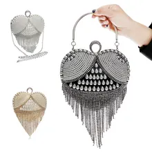 Sexy Lady Heart Tassel Rhinestones Women Evening Bags Pearl Handle Finger Ring Diamonds Small Clutches Party Nightclub Purse