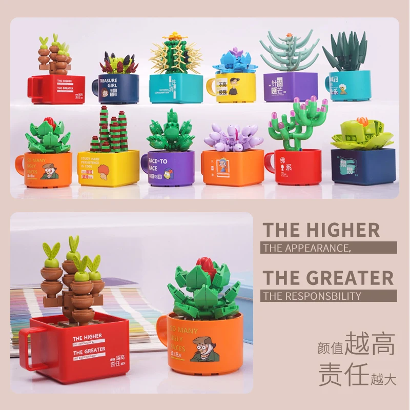 

MOC Succulent Potted Cactus Rose Flower Plant Building Block Cup DIY Decoration Model Assembled Toys Children Gift 51022 51023