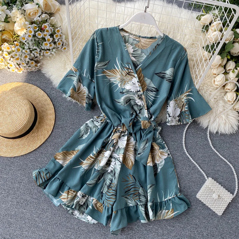 Women Floral Chiffon Rompers short sleeves Korean beach overalls bohemian loose casual summer wide leg pants playsuits G1375