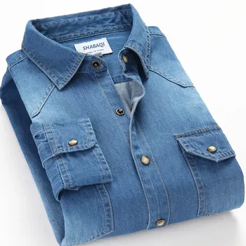 

Spring Autumn Men Denim Thin Shirt Long Sleeve Soft 100% Cotton Two Pockets Slim Slight Elastic Jeans Cowboy 4XL Casual Shirts