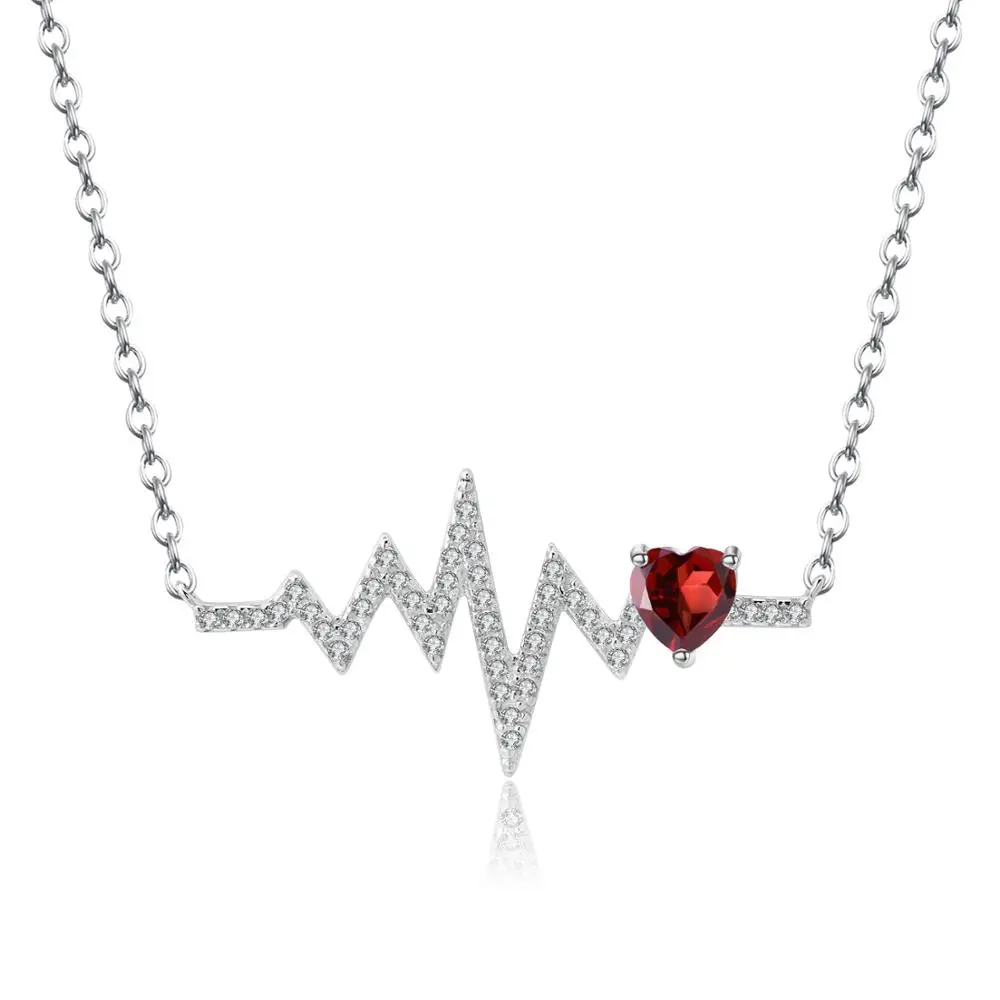 

GEM'S BALLET Natural Red Garnet Wedding Jewelry 925 Sterling Silver Heartbeat Love Electrocardiogram Pendant Necklace for Women