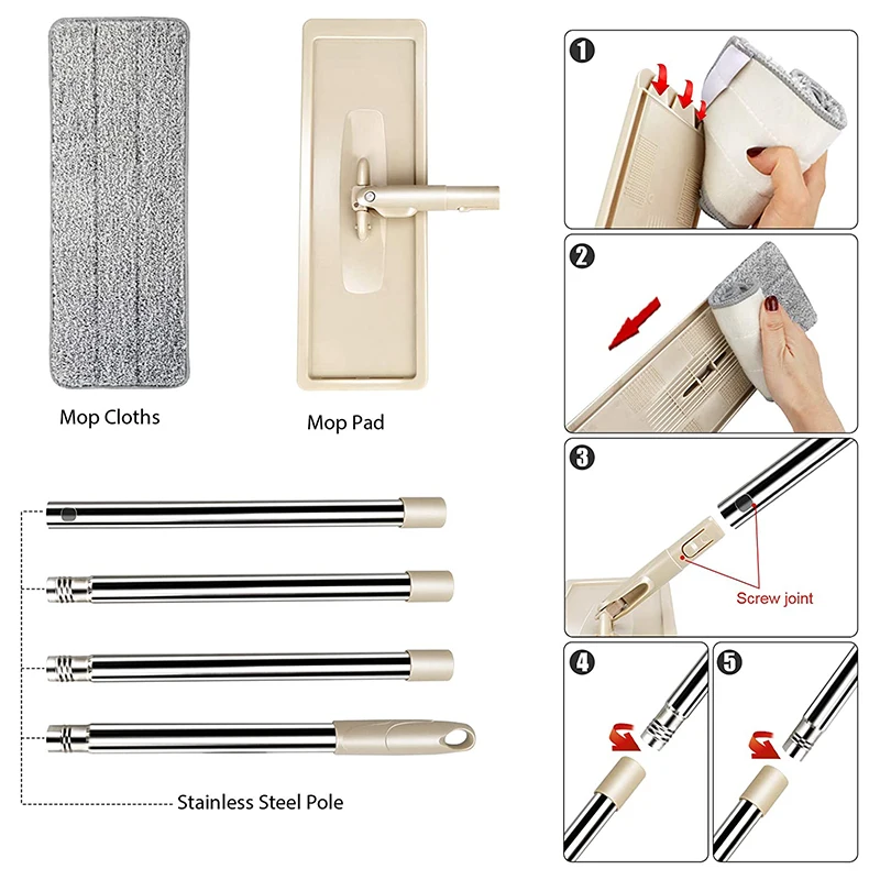 Fregona plana de microfibra con cubo, accesorio manos libres para limpiar el suelo, almohadillas de fregona reutilizables, mango de acero inoxidable para el hogar y la cocina