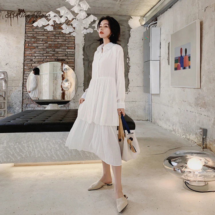 

BelineRosa Princess Style Women's Blouse Dresses Large M,L,XL Size Loose Pure Color Pleated Dress for Autumn TYFS0006
