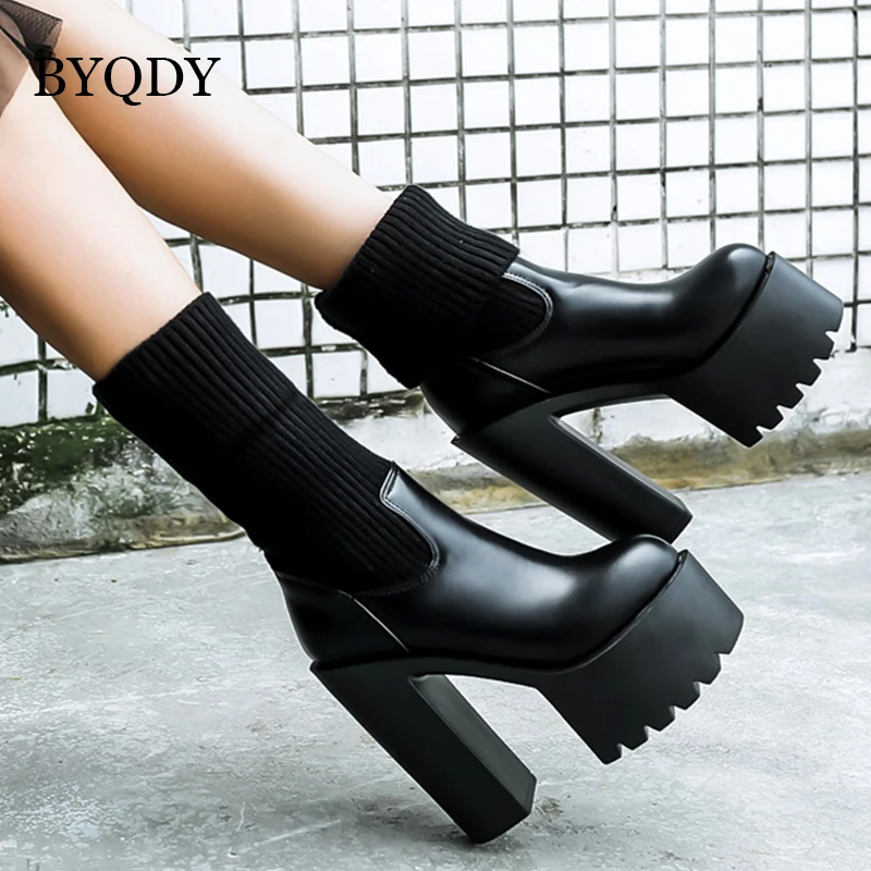 

BYQDY Ultra High Platform Heels Women Ankle Boots Block Heels Leather Shoes Round Toe Ladies Wedding Slip-on Lady Shoe Autumn