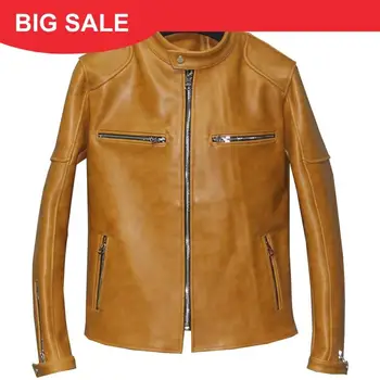 

2020 Light Brown American Style Men Biker's Leather Jacket Plus Size 3XL Genuine Cowhide Autumn Slim Fit Motorcycle Leather Coat