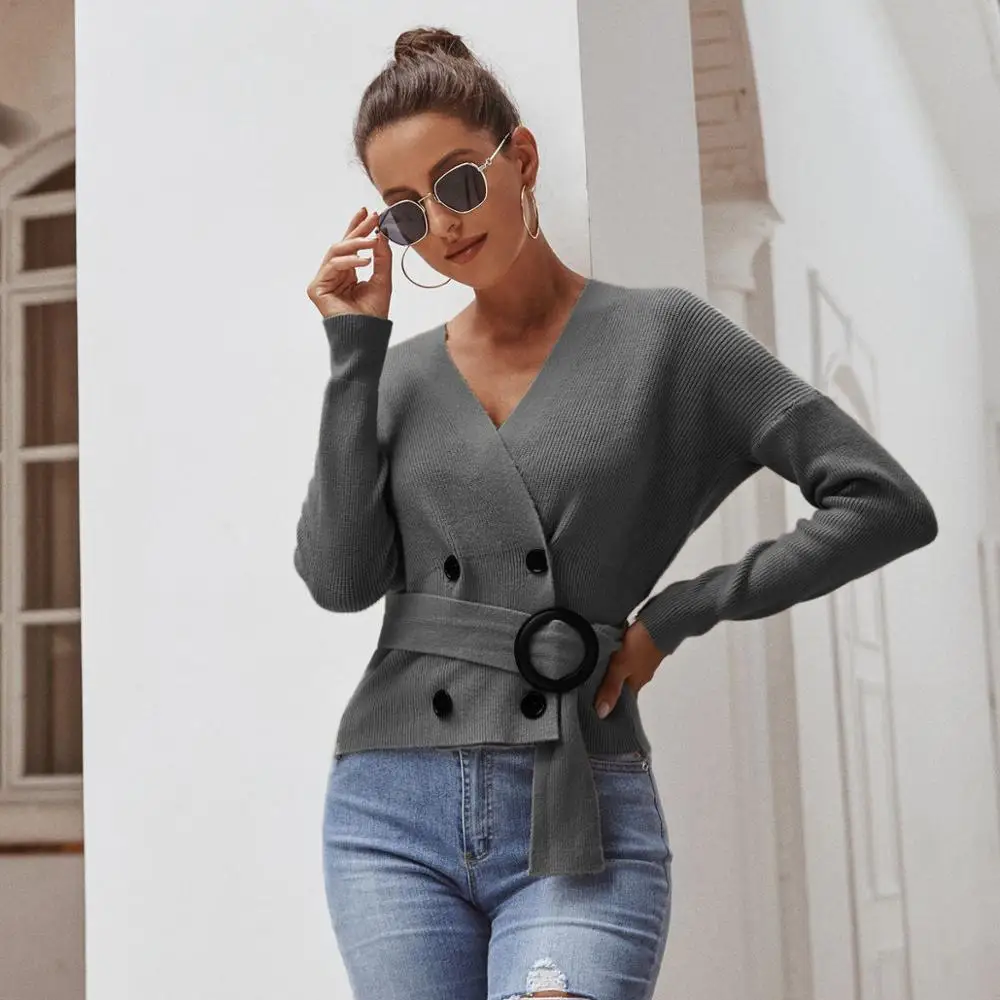 Elegant V-neck Buttons Sash Women Khaki Cardigan Sweater Autumn Winter Female Cardigan Coat Casual Ladies Knitwear Jumper Coat - Цвет: grey