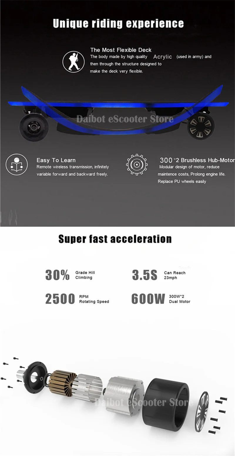 Daibot Electric Longboard Skateboard 4 Wheel Electric Scooters 300W2 36V Adult Powerful Electric Scooter With Colorful Lights  (6)