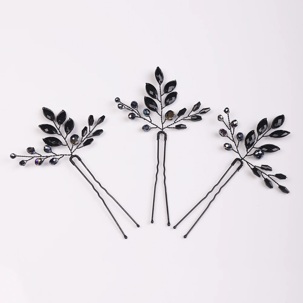 Bridal Hair Accessories Women Black Crystal Hairpins