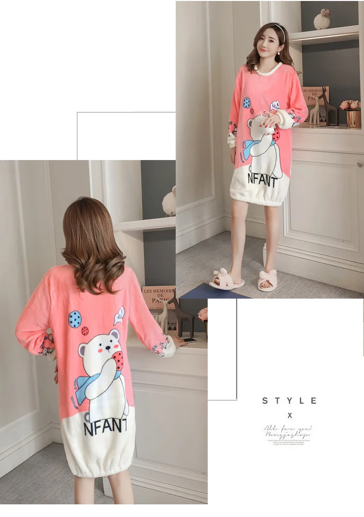 Winter Thick Warm Flannel Nightgowns For Women Long Sleeve Coral Velvet Night Dress Girls Cute Cartoon Sleepwear Nightdress