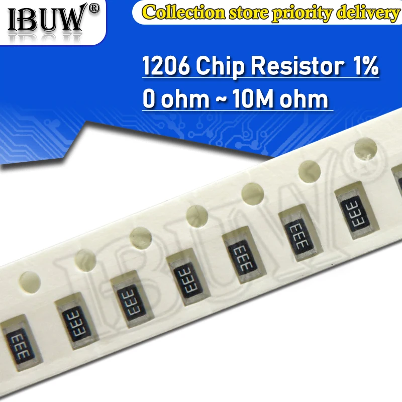 100 шт. 1206 SMD резистор 0R ~ 10M 1/4W 0 1 10 1% 150 220 Ом 1K 330 K 10K 2 1R 10R 100R 150R 220R 330R 1M 10M|Резисторы| |