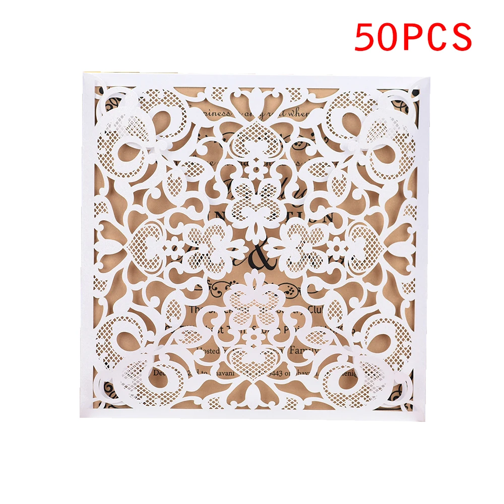 White 50 pieces/lot) European High-end Pink Wedding Invitation Card Laser Cut Floral Glittering Engagement Baptism Invitations - Цвет: White