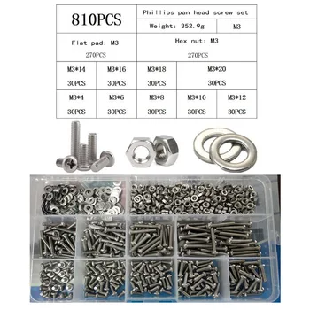 

810PCS screw nut set 304 stainless steel Phillips pan head screw combination set round head screw boxed