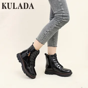 

KULADA Ankle Boots Women Low Heel Cool Style Autumn Motorcycle Boots Fashion Women Boots Women Patent Leather Short Plush Boots