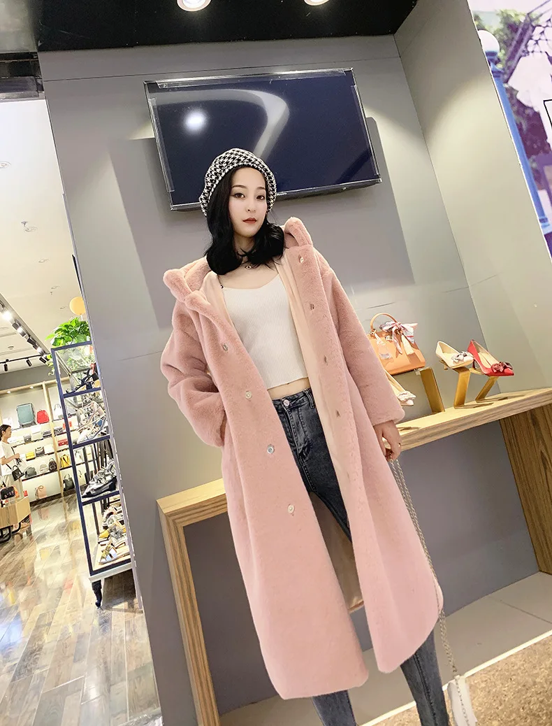 High Quality Women Mid Long Imitation Rabbit Fur Jacket Thick Warm Outerwear Parka Girl's Loose Faux Mink Fur Teddy Hooded Coats