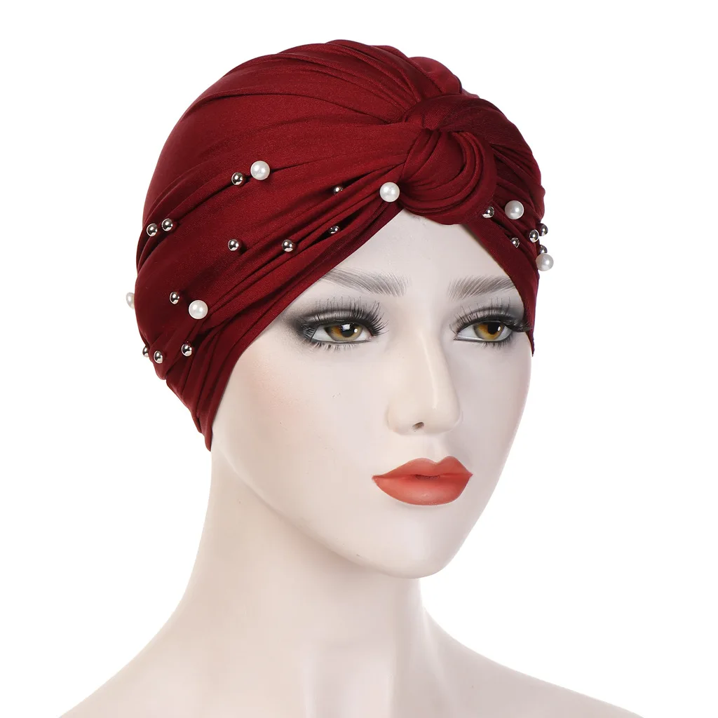 Muslim Women Cross Polyester Pearl Bead Turban Hat Cancer Chemo Beanies Cap Headwear Headwrap Plated for Hair Loss Accessories