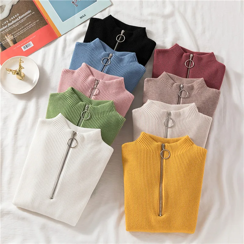 

Autumn Winter Korean Style Ring Zipper Turtleneck Pullover Slim Short-Sleeved Knit Pink Sweater Women gebreide trui vrouwen