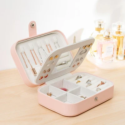 Pink With Mirror Шкатулка для ювелирных изделий Закрытая шкатулка отсек для ювелирных изделий портативный органайзер для ювелирных изделий Кольцо Украшение красота дорожная Коробка органайзер для макияжа - Цвет: Pink With Mirror
