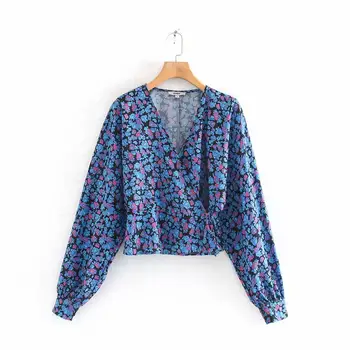 

new fashion women cross v neck floral print casual kimono blouse shirts women long sleeve chic lace up chemise blusa tops LS6264