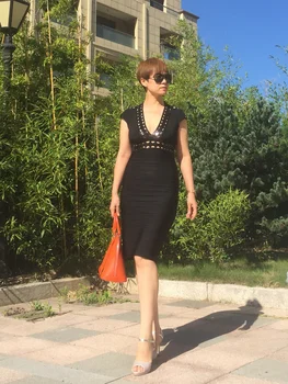 

New Model Fashion Khaki Black Short Sleeve Bandage Dress High Quality Women Sexy Deep V Neck Night Party Dress
