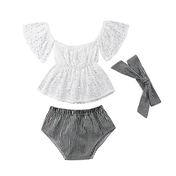 

0-24M Baby Girl Clothes Set Off Shoulder Tops Stripe Shorts Briefs 3pcs Outfits Clothes Summer