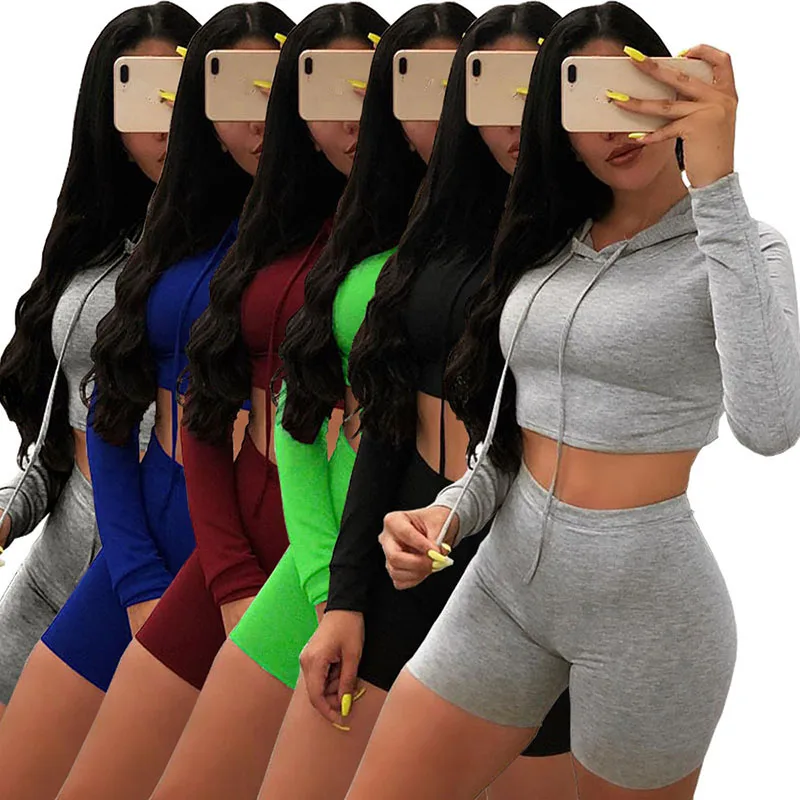 

Solid Color Long Sleeve Tie Hooded Shorts Set Fashion Sports Fitness Two Piece Outfits for Women