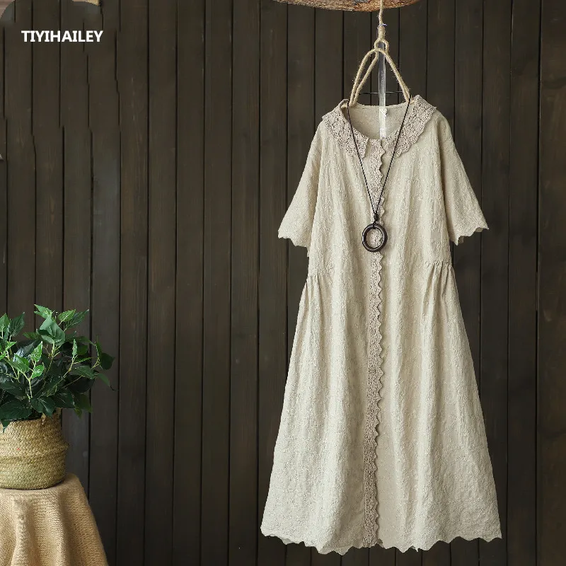 TIYIHAILEY Free Shipping 2021 Summer Embroidery Short Sleeve Cotton One-piece Long Mid-calf Single Breasted Dress Khaki  Dresses